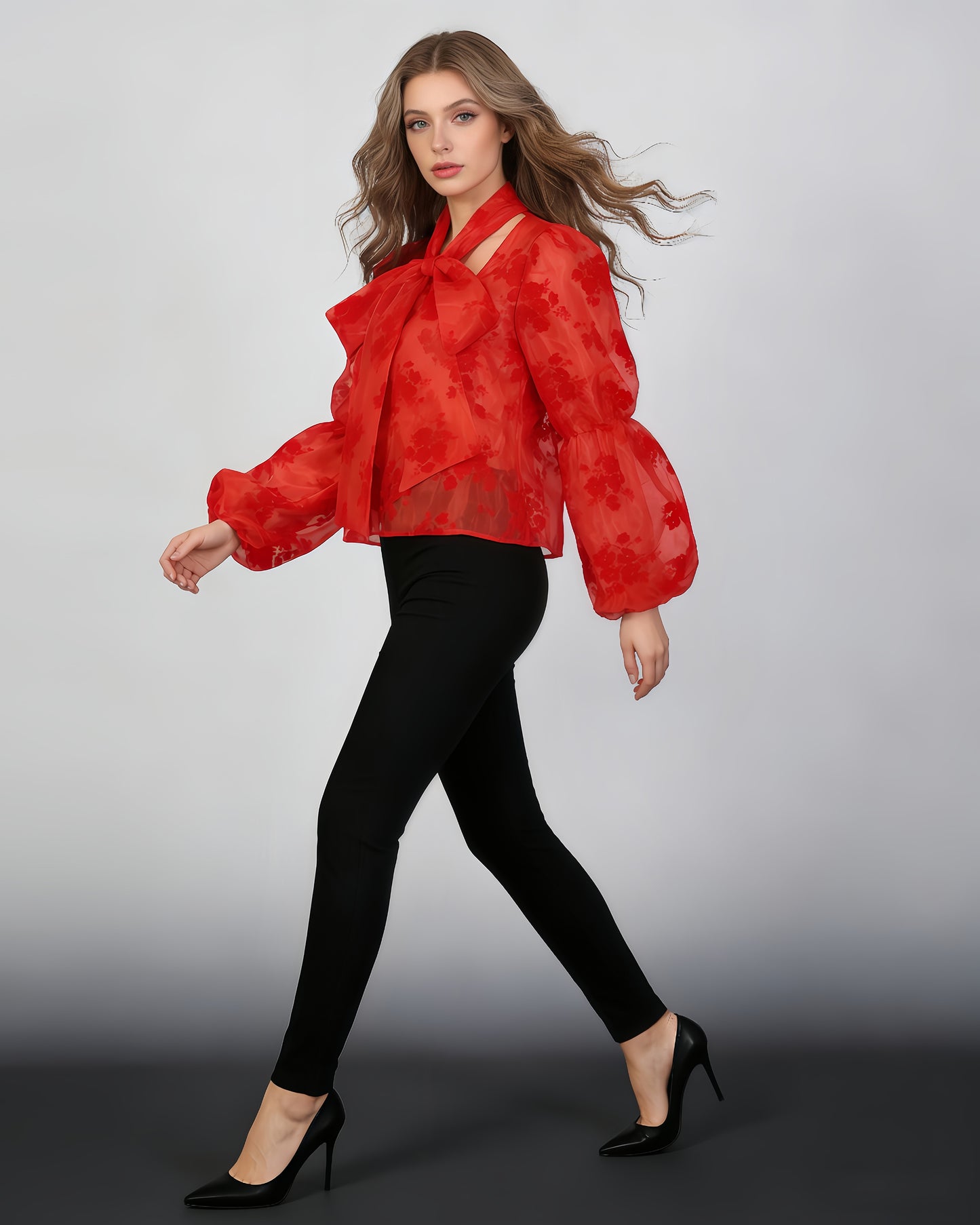 Red Floral Sheer Blouse with Oversized Bow