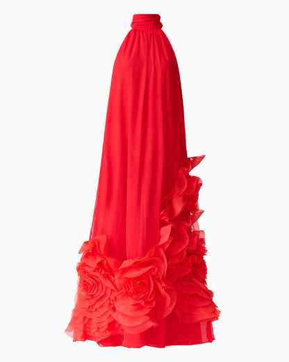 Red Halter 3D Rose Ruffle Maxi Dress