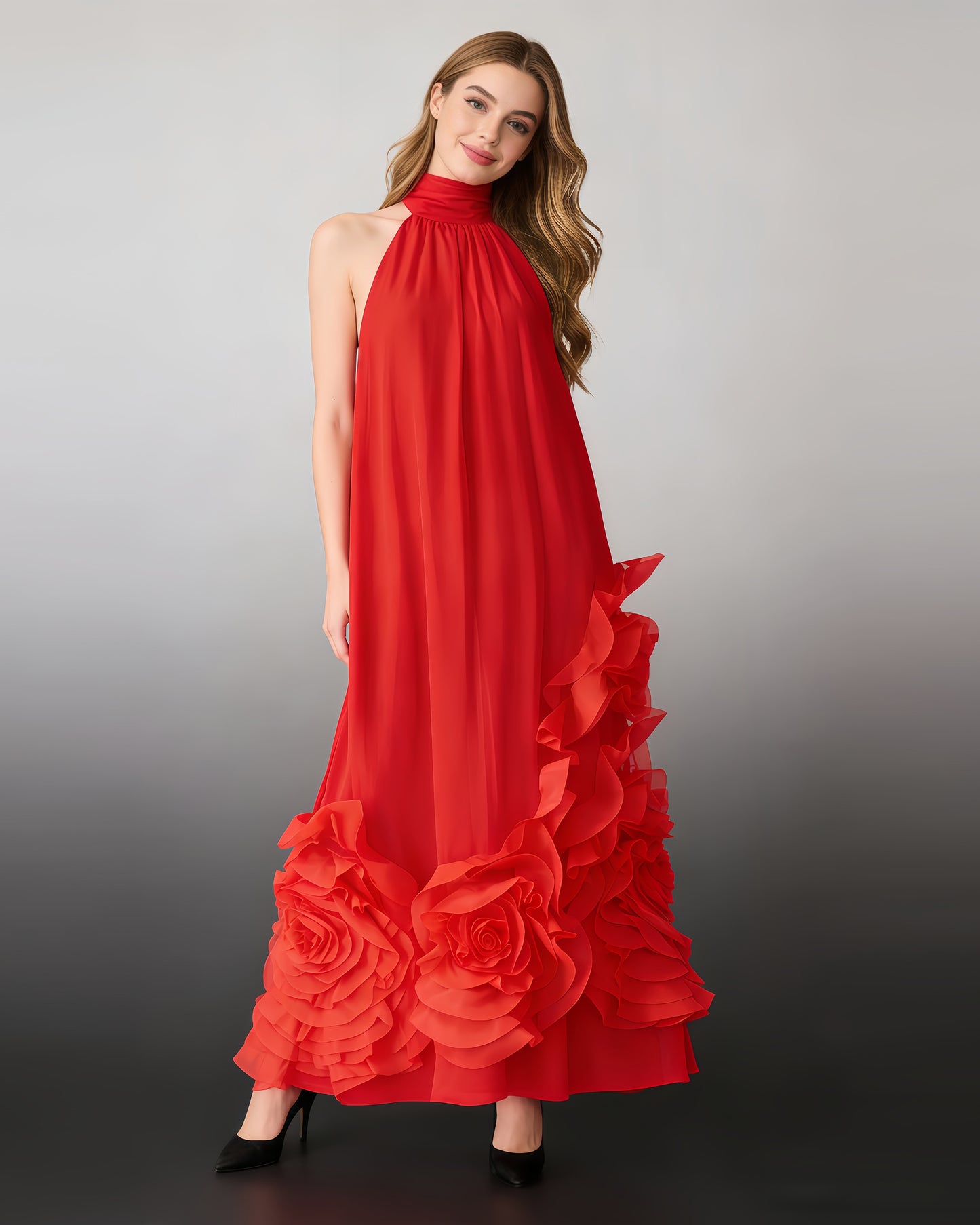 Red Halter 3D Rose Ruffle Maxi Dress
