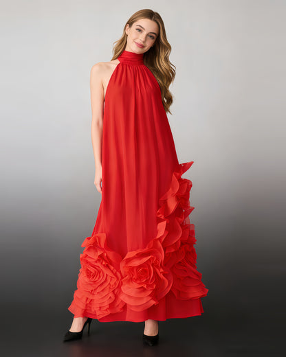 Red Halter 3D Rose Ruffle Maxi Dress