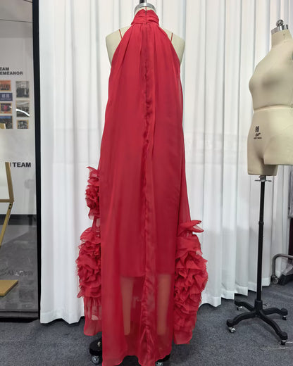 Red Halter 3D Rose Ruffle Maxi Dress