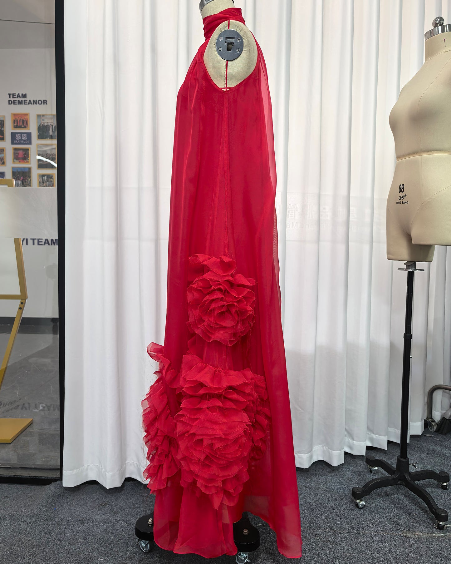 Red Halter 3D Rose Ruffle Maxi Dress