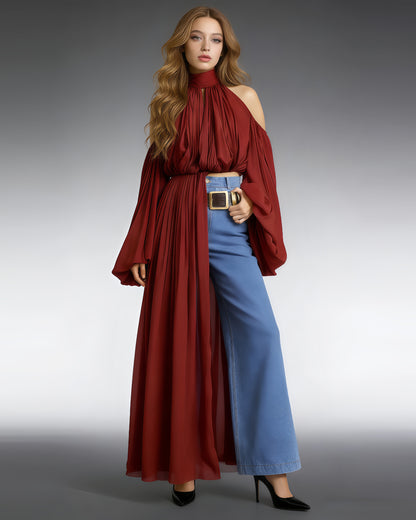 Red Halter Cold-Shoulder Draped Cropped Top