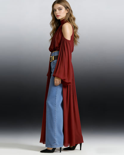 Red Halter Cold-Shoulder Draped Cropped Top