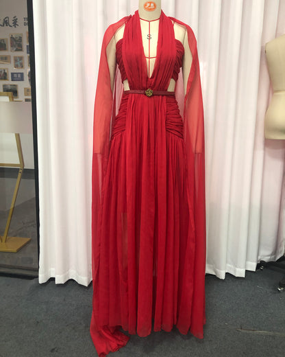 Red Halter Cutout Cape-Style Maxi Dress