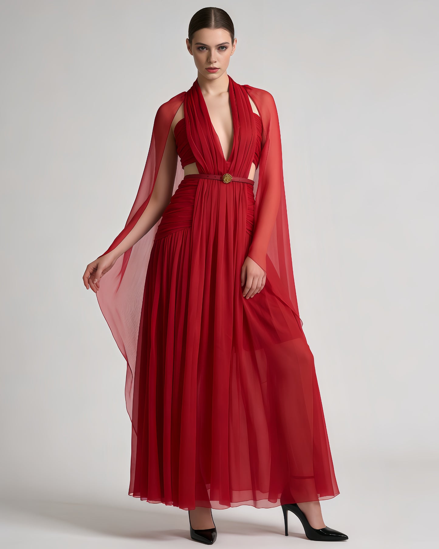 Red Halter Cutout Cape-Style Maxi Dress