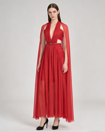 Red Halter Cutout Cape-Style Maxi Dress