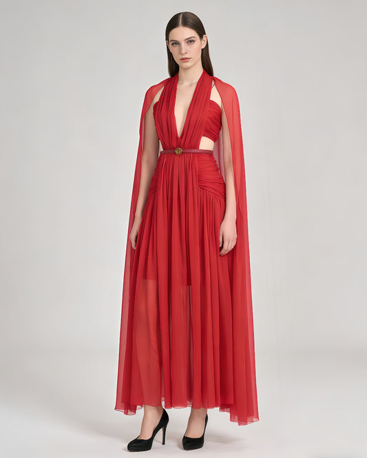 Red Halter Cutout Cape-Style Maxi Dress