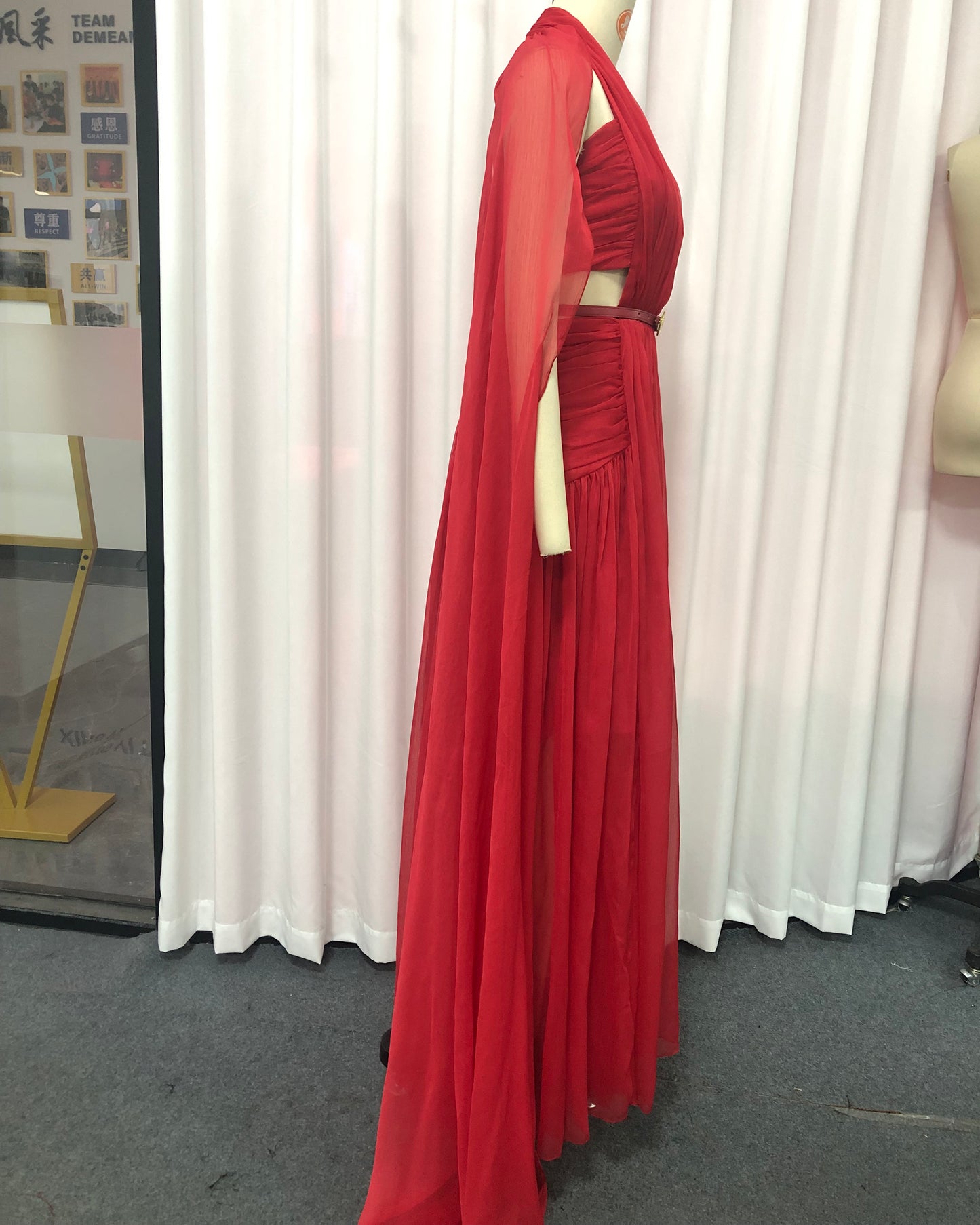 Red Halter Cutout Cape-Style Maxi Dress