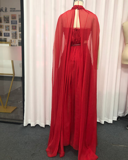 Red Halter Cutout Cape-Style Maxi Dress