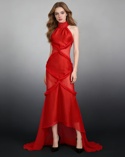 Red Halter Twisted Sheer Maxi Dress with Train