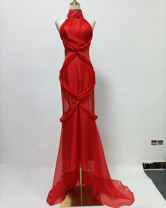 Red Halter Twisted Sheer Maxi Dress with Train