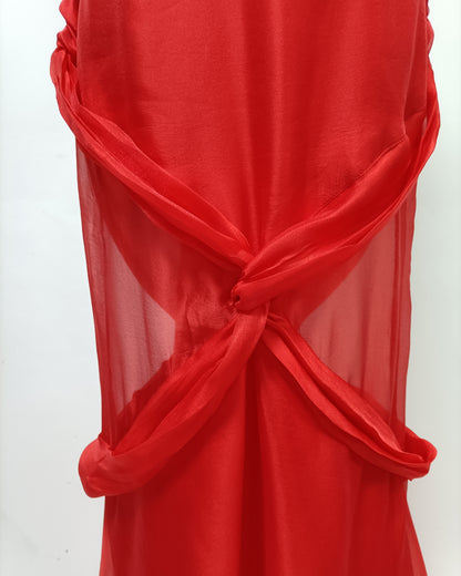 Red Halter Twisted Sheer Maxi Dress with Train