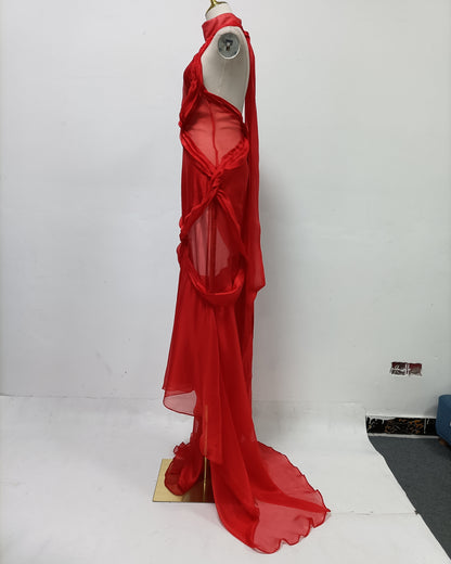 Red Halter Twisted Sheer Maxi Dress with Train