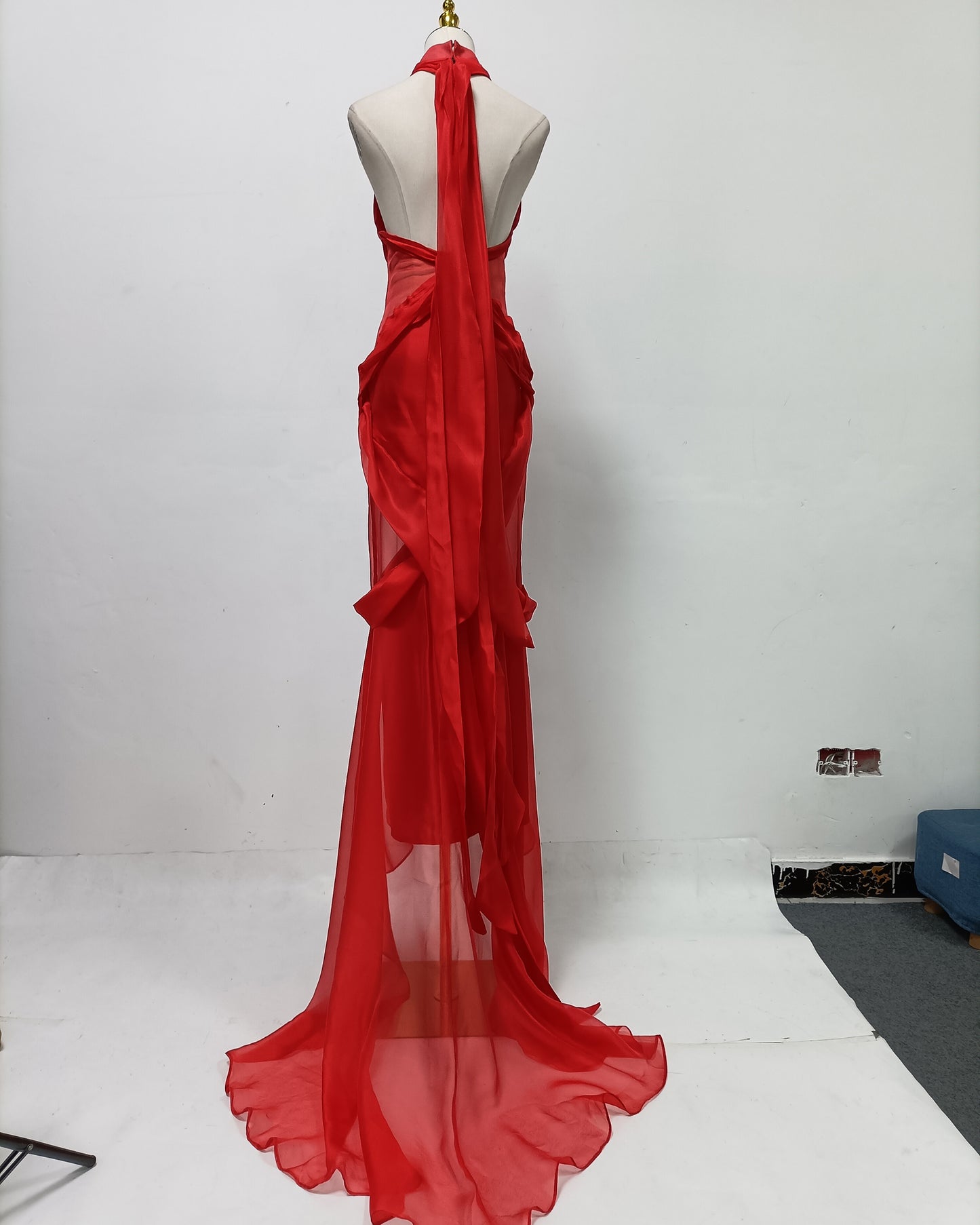 Red Halter Twisted Sheer Maxi Dress with Train