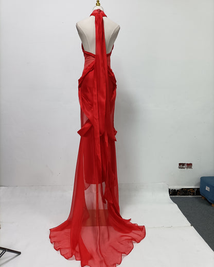 Red Halter Twisted Sheer Maxi Dress with Train