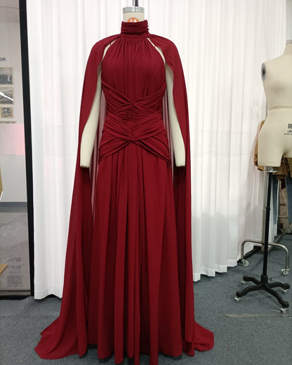 Red High Neck Cape Ruched Tunic Maxi Dress