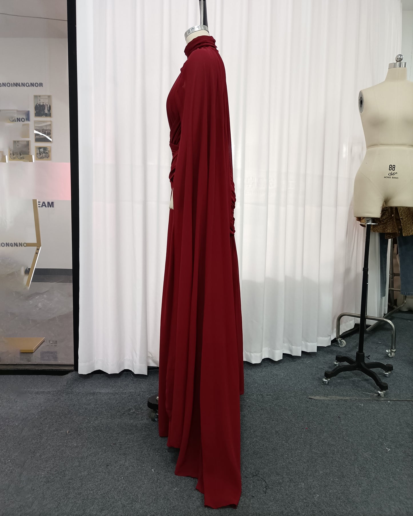Red High Neck Cape Ruched Tunic Maxi Dress
