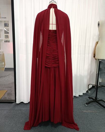 Red High Neck Cape Ruched Tunic Maxi Dress