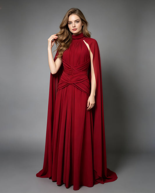 Red High Neck Cape Ruched Tunic Maxi Dress