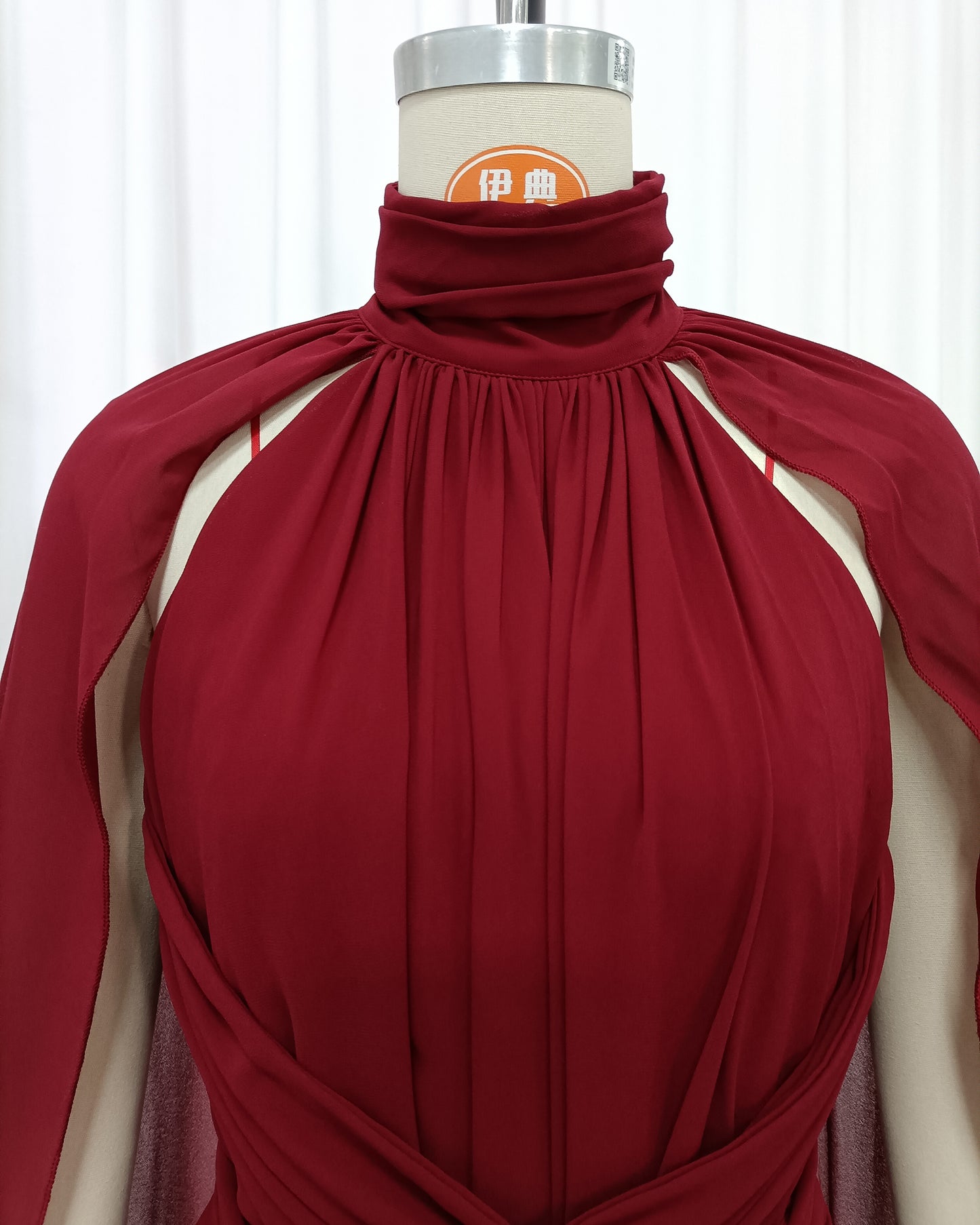 Red High Neck Cape Ruched Tunic Maxi Dress