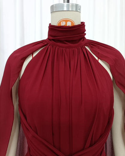 Red High Neck Cape Ruched Tunic Maxi Dress
