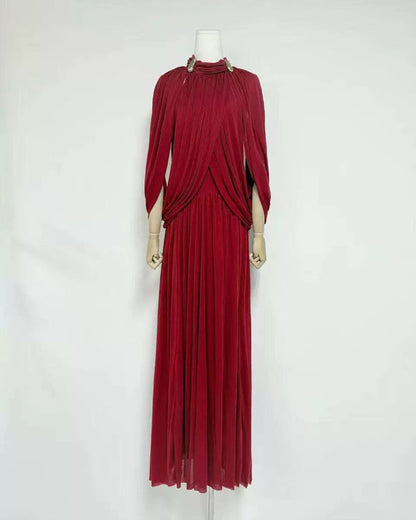 Red High Neck Draped Maxi Dress