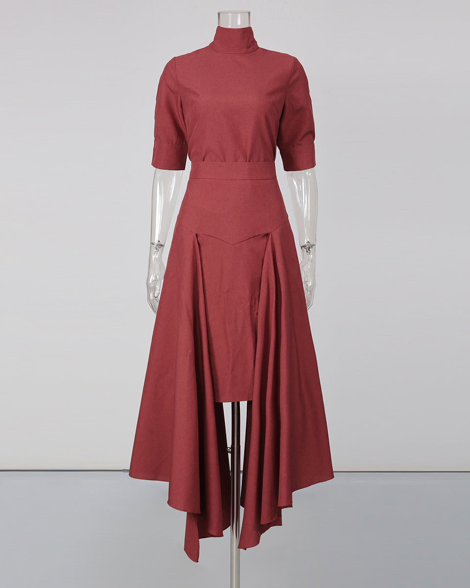 Red High Neck Half Sleeve Top Irregular Skirt Set