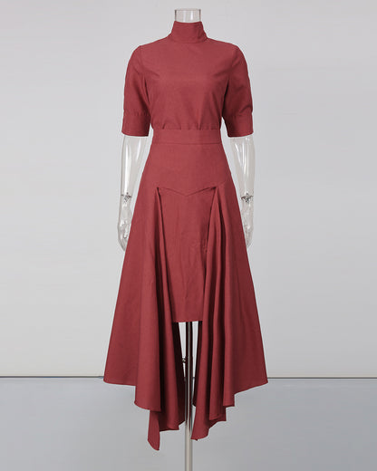 Red High Neck Half Sleeve Top Irregular Skirt Set