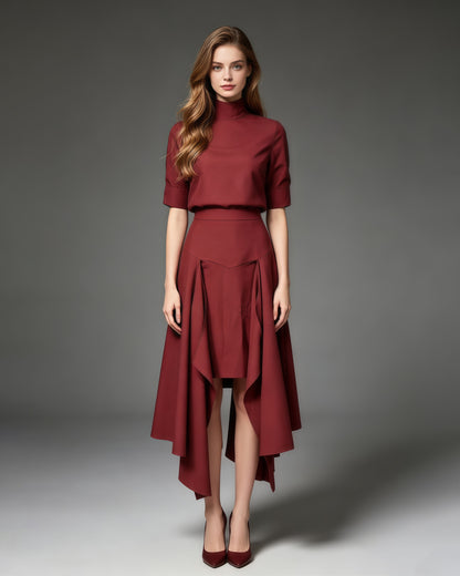 Red High Neck Half Sleeve Top Irregular Skirt Set