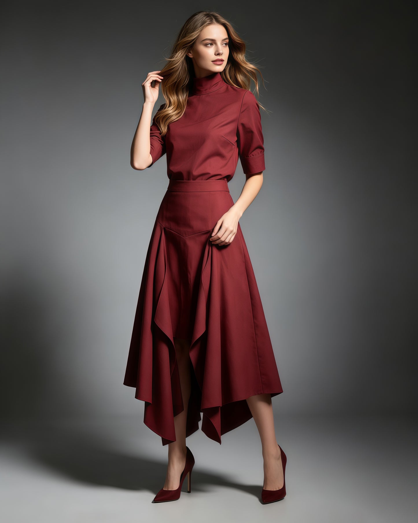 Red High Neck Half Sleeve Top Irregular Skirt Set