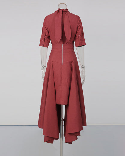 Red High Neck Half Sleeve Top Irregular Skirt Set