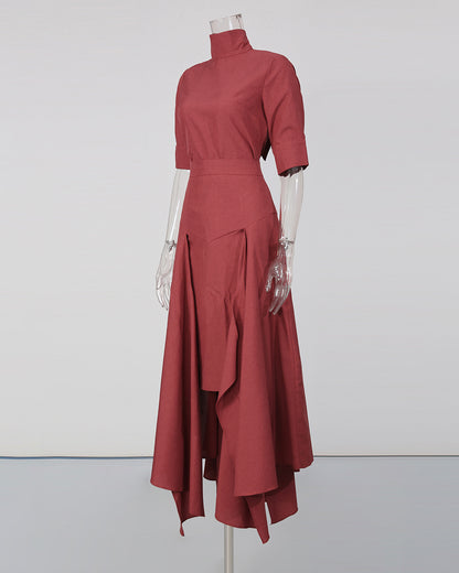 Red High Neck Half Sleeve Top Irregular Skirt Set