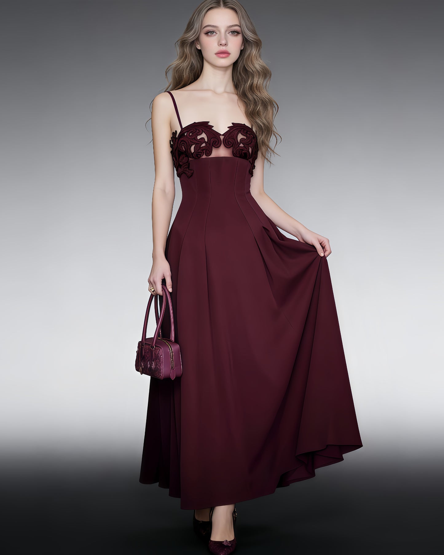 Wine Red Lace Applique Spaghetti Strap Midi Dress