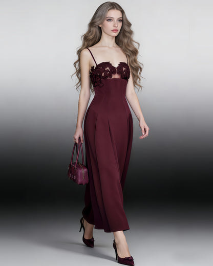 Wine Red Lace Applique Spaghetti Strap Midi Dress