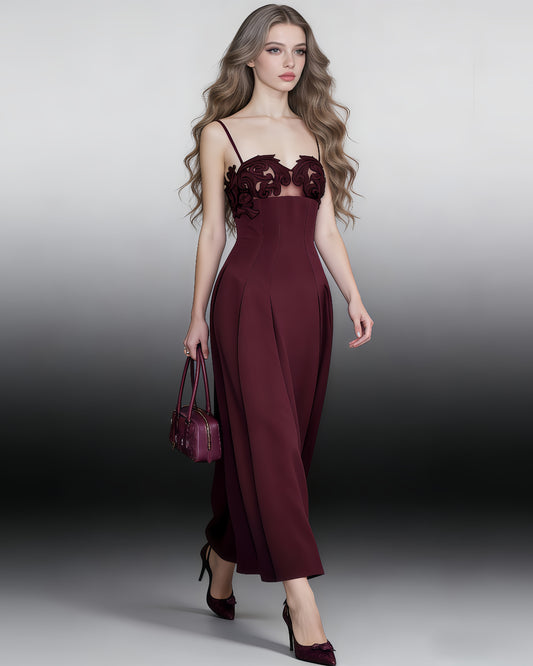 Wine Red Lace Applique Spaghetti Strap Midi Dress