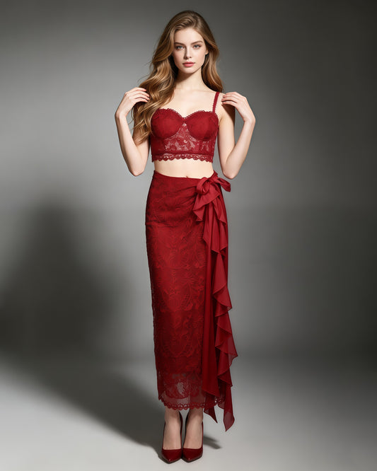 Red Lace Cami Crop Top Wrap Midi Skirt Set
