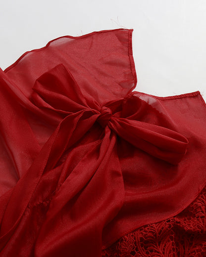 Red Lace Cami Crop Top Wrap Midi Skirt Set