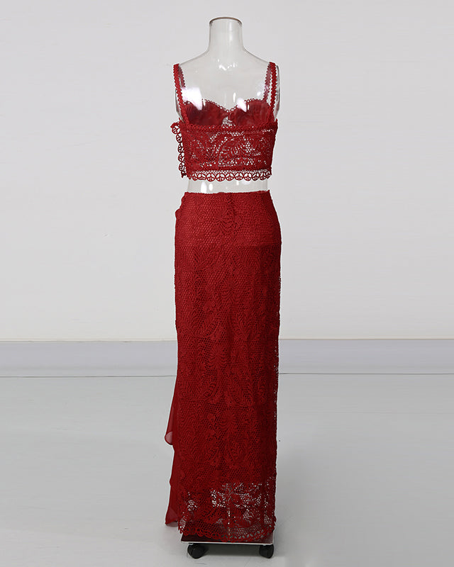Red Lace Cami Crop Top Wrap Midi Skirt Set