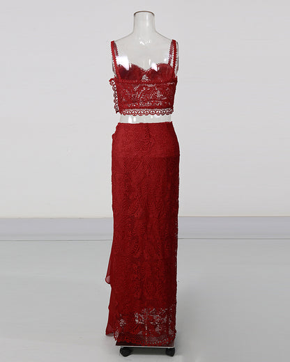 Red Lace Cami Crop Top Wrap Midi Skirt Set