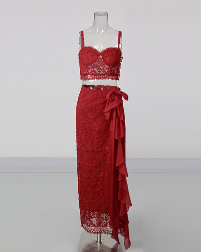 Red Lace Cami Crop Top Wrap Midi Skirt Set