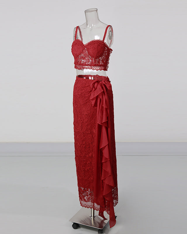 Red Lace Cami Crop Top Wrap Midi Skirt Set