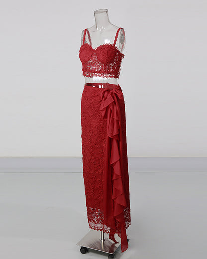 Red Lace Cami Crop Top Wrap Midi Skirt Set