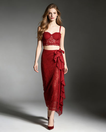 Red Lace Cami Crop Top Wrap Midi Skirt Set