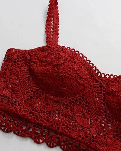 Red Lace Cami Crop Top Wrap Midi Skirt Set