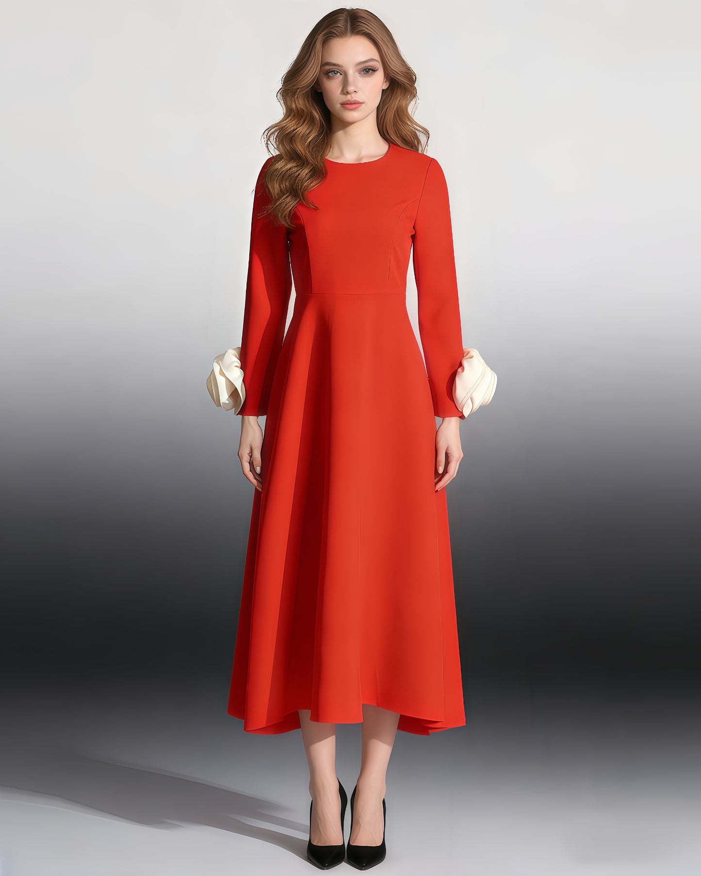 Red Midi Dress with Cream Bow Cuffs
