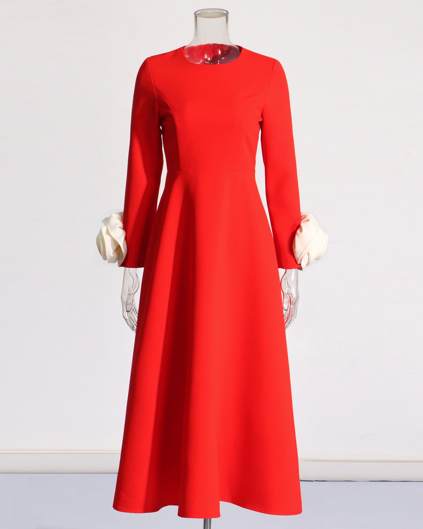 Red Midi Dress with Cream Bow Cuffs