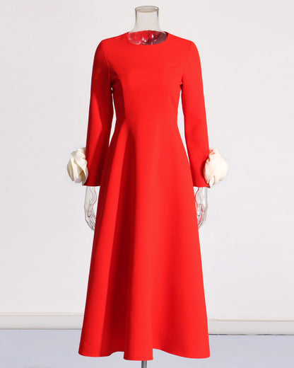Red Midi Dress with Cream Bow Cuffs