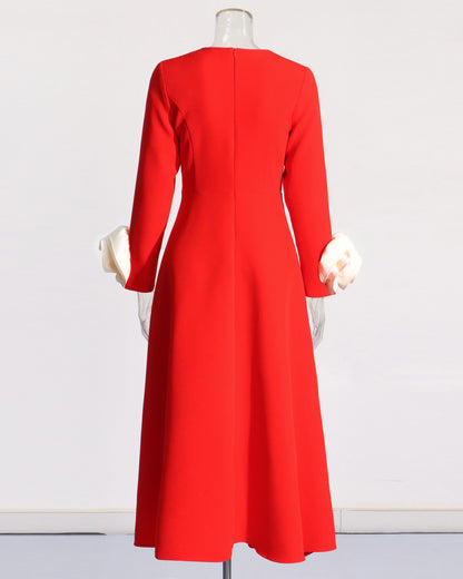 Red Midi Dress with Cream Bow Cuffs