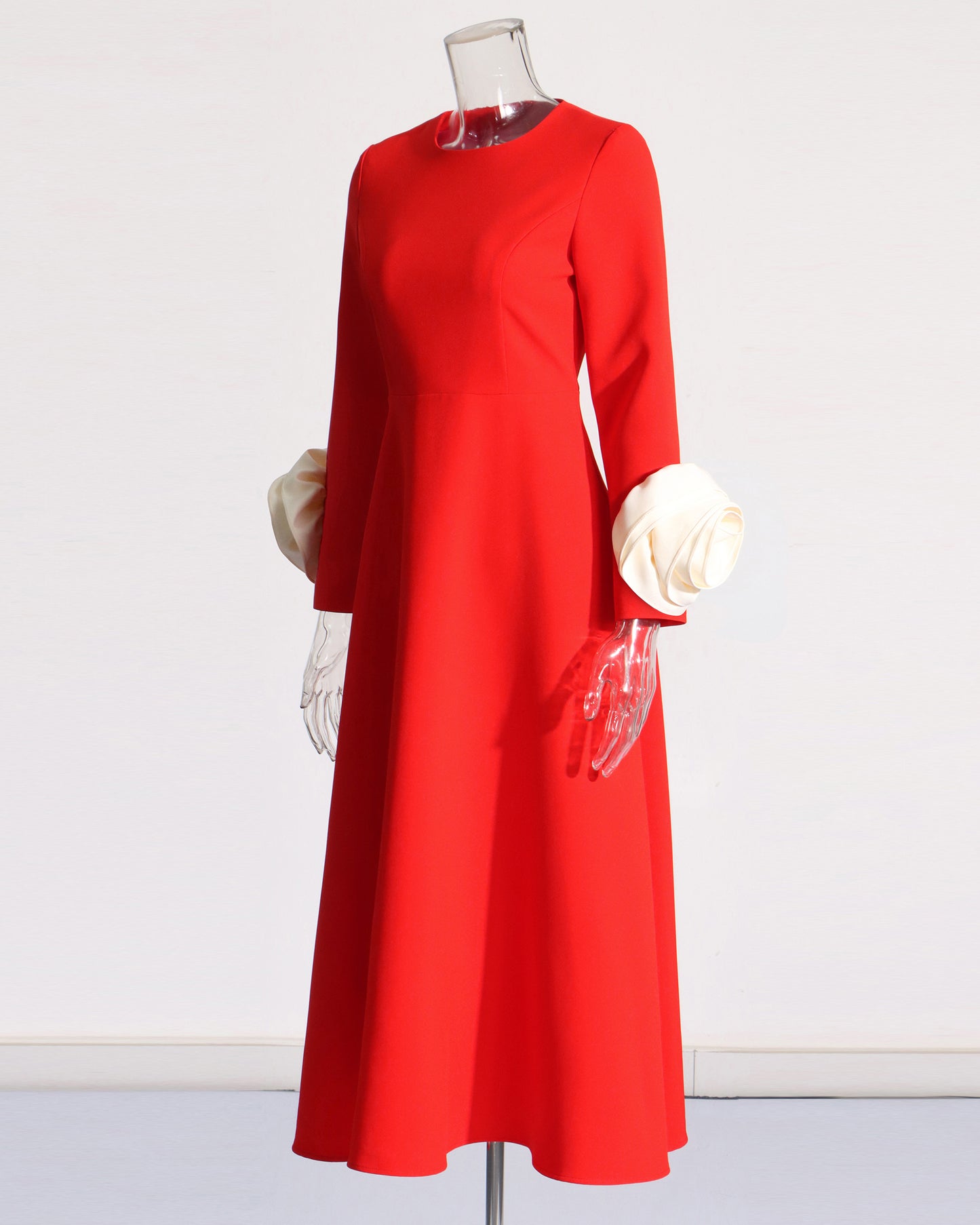 Red Midi Dress with Cream Bow Cuffs